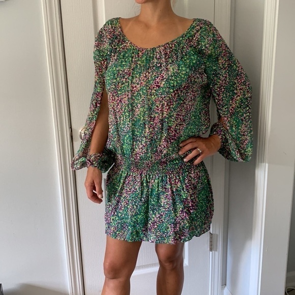 BCBGMAXAZRIA size S dotted mini dress 100% silk green purple layers tunic - Picture 15 of 15